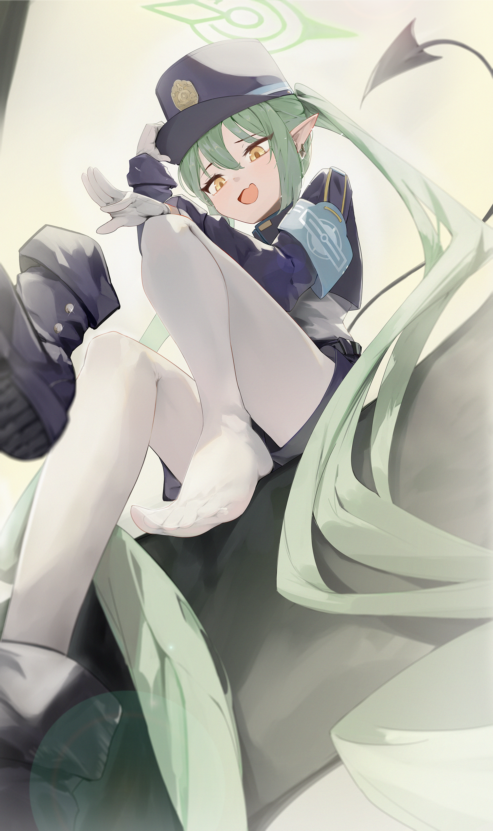 mi kan (1101515378), nozomi (blue archive), blue archive, absurdres, chinese commentary, commentary, highres, making-of available, painttool sai (medium), 1girl, :d, absurdly long hair, armband, belt, black belt, black tail, blue armband, blue boots, blue hat, blue jacket, blue shorts, boots, cropped jacket, demon girl, demon tail, dropping, earrings, fang, feet, from below, gloves, green hair, green halo, hair between eyes, halo, hand on headwear, hat, jacket, jewelry, knee up, long hair, long sleeves, looking down, open mouth, pantyhose, peaked cap, pointy ears, shirt, short shorts, shorts, sidelocks, single boot, sitting, skin fang, smile, solo, tail, toes, twintails, unworn boots, very long hair, white gloves, white pantyhose, white shirt, yellow eyes