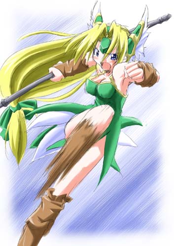 riesz, seiken densetsu, seiken densetsu 3, lowres, 1girl, blonde hair, blue eyes, bridal gauntlets, brown bridal gauntlets, female focus, long hair, low-tied long hair, solo