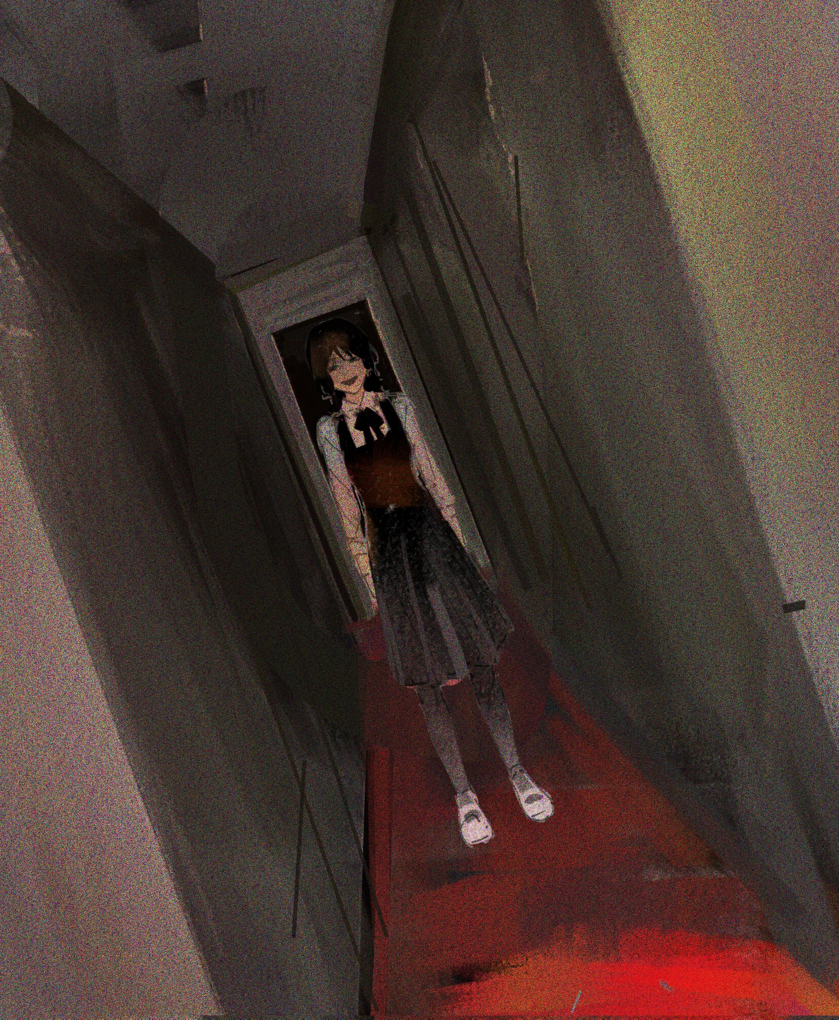rain (neporain), mifune fumiko, chainsaw man, commentary, english commentary, highres, 1girl, black dress, black eyes, black hair, dress, fourth east high school uniform, indoors, long sleeves, pinafore dress, school uniform, shirt, sleeveless, sleeveless dress, solo, standing, white shirt
