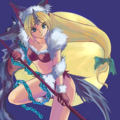 genshi, fenrir knight, riesz, seiken densetsu, seiken densetsu 3, bad id, bad pixiv id, lowres, 1girl, animal ears, blonde hair, blue eyes, chain, female focus, horns, long hair, low-tied long hair, single horn, solo, wolf, wolf ears