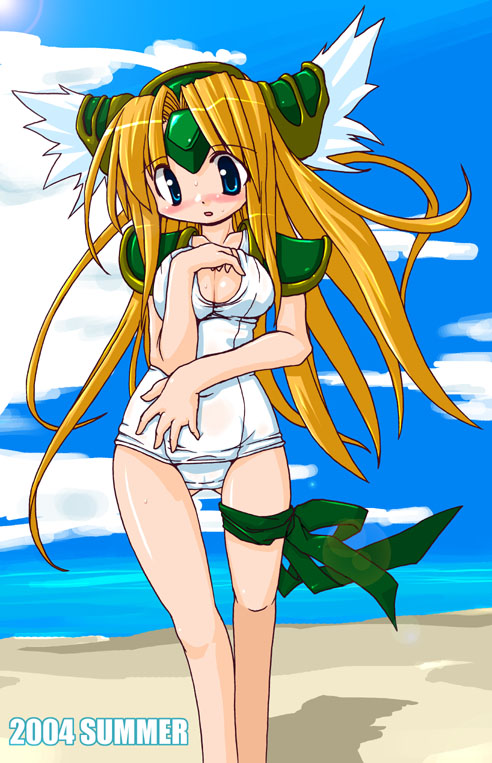 riesz, seiken densetsu, seiken densetsu 3, 1girl, beach, blonde hair, blue eyes, blush, breasts, cleavage, cloud, day, female focus, long hair, medium breasts, one-piece swimsuit, outdoors, school swimsuit, sky, solo, swimsuit, white one-piece swimsuit, white school swimsuit
