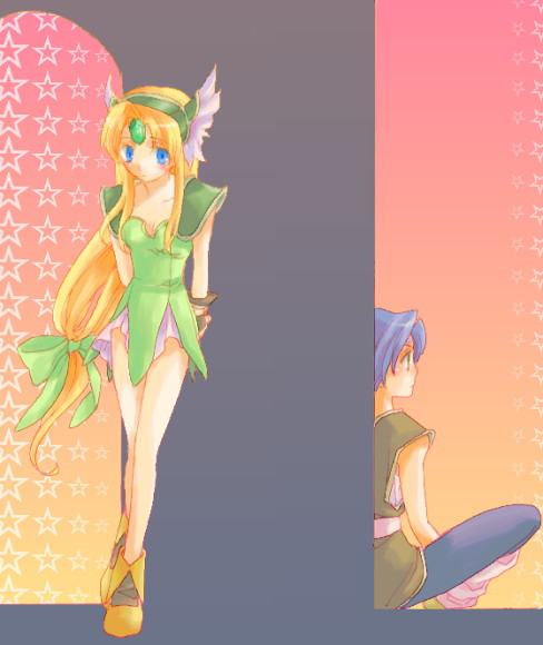 hawkeye (seiken densetsu 3), riesz, seiken densetsu, seiken densetsu 3, 2girls, blonde hair, blue eyes, blush, hair ribbon, head wings, helmet, long hair, low-tied long hair, multiple girls, ribbon, winged helmet, wings