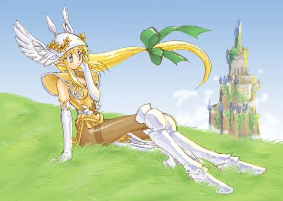 riesz, vanadis, vanadis (seiken densetsu 3), seiken densetsu, seiken densetsu 3, 1girl, armor, blonde hair, blue eyes, female focus, gloves, long hair, low-tied long hair, pantyhose, solo, thighband pantyhose