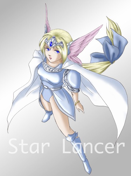 riesz, star lancer, seiken densetsu, seiken densetsu 3, artist request, source request, 1girl, armor, blonde hair, blue boots, blue eyes, boots, cape, character name, female focus, hair ribbon, head wings, helmet, knee boots, long hair, low-tied long hair, ribbon, solo, very long hair, winged helmet, wings