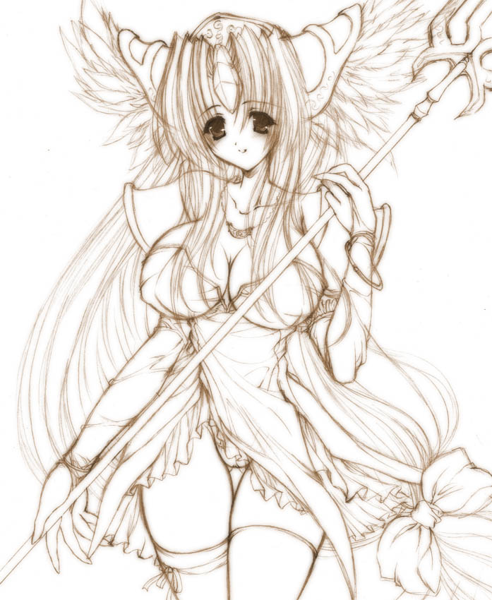 miwa yoshikazu, shujin, riesz, seiken densetsu, seiken densetsu 3, 1girl, dress, female focus, long hair, low-tied long hair, monochrome, panties, sketch, solo, thigh gap, thighhighs, thighs, underwear