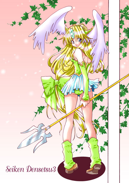 riesz, seiken densetsu, seiken densetsu 3, 1girl, back, blonde hair, blue eyes, bow, copyright name, female focus, from behind, green panties, hair bow, long hair, looking back, loose socks, low-tied long hair, panties, pantyshot, shoes, socks, solo, standing, underwear