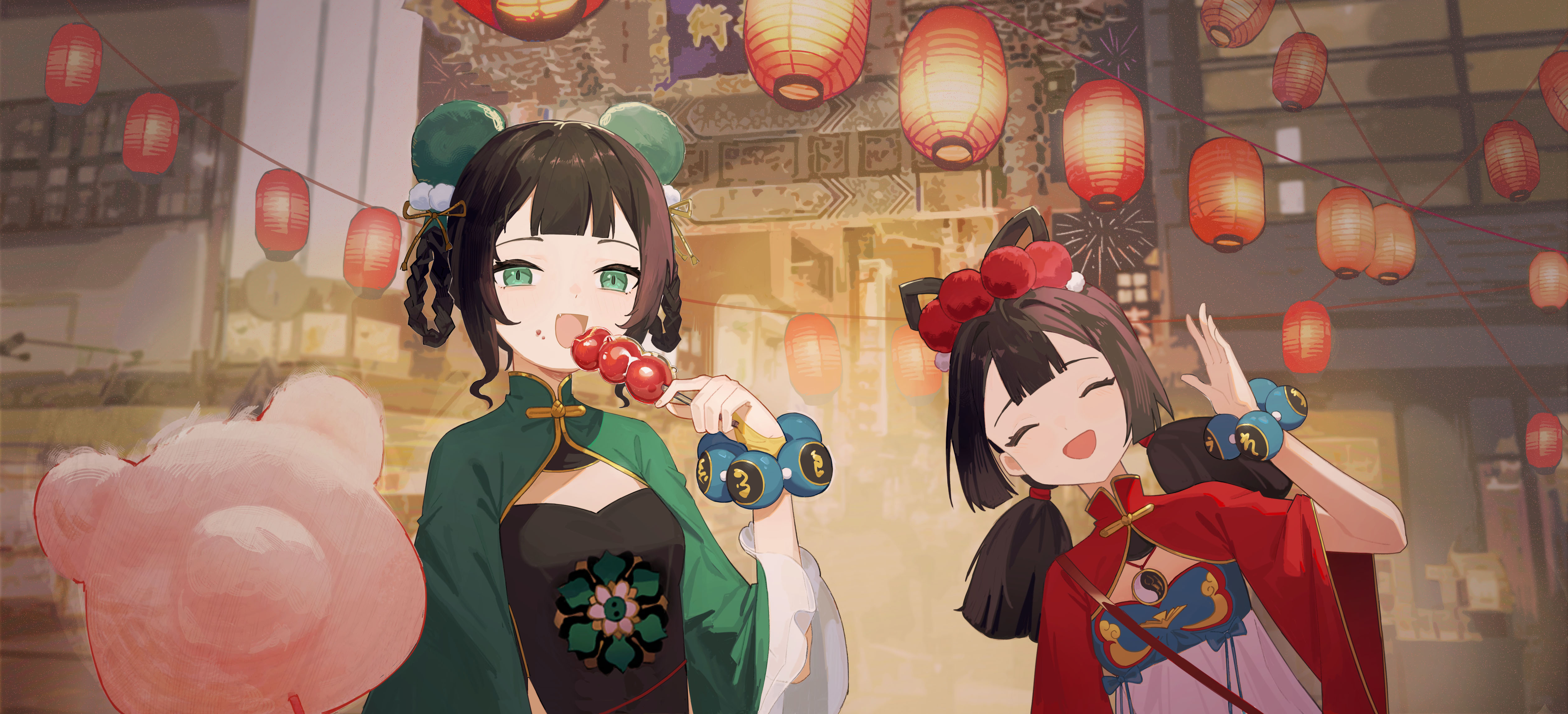 boller jiang, xinyue tongxing, absurdres, highres, 2girls, :d, ^ ^, bead bracelet, beads, black hair, black shirt, bracelet, braid, braided hair rings, building, closed eyes, cotton candy, dress, facing viewer, fangs, feixianji (hairstyle), food, food on face, green eyes, green sleeves, hair ornament, hair rings, hand up, holding, holding food, huai (xinyue tongxing), jewelry, ke (xinyue tongxing), lantern, leaning to the side, looking at viewer, low twintails, multiple girls, open mouth, outdoors, paifang, paper lantern, pom pom (clothes), pom pom hair ornament, red sleeves, shirt, short hair, skin fangs, smile, tanghulu, twintails, upper body, white dress, wide sleeves, yin yang