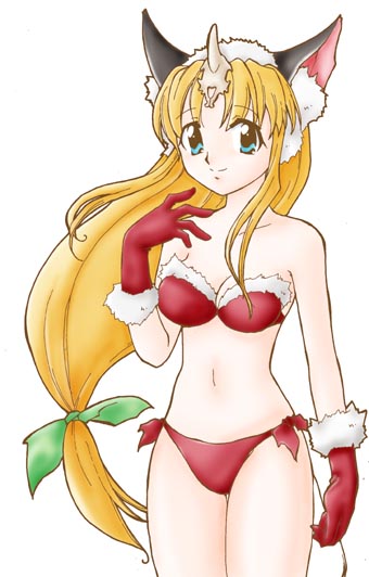 fenrir knight, riesz, seiken densetsu, seiken densetsu 3, 1girl, animal ears, bikini, blonde hair, female focus, fur trim, gloves, horns, long hair, low-tied long hair, red bikini, red gloves, side-tie bikini bottom, simple background, single horn, solo, swimsuit, very long hair, white background, wolf ears