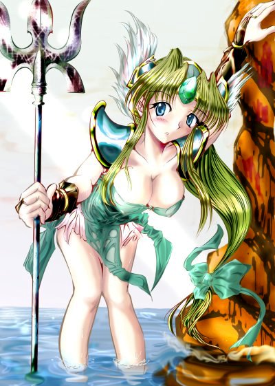 riesz, seiken densetsu, seiken densetsu 3, 1girl, bad anatomy, blush, breasts, cleavage, female focus, large breasts, long hair, low-tied long hair, polearm, poorly drawn, ribbon, solo, spear, water, weapon