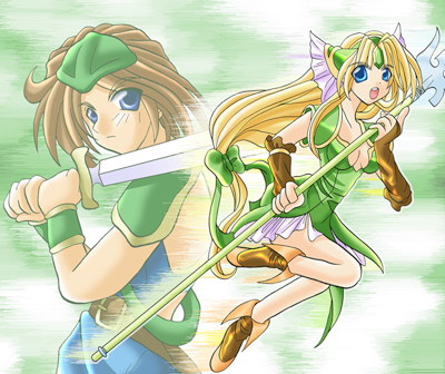 duran, riesz, seiken densetsu, seiken densetsu 3, lowres, 1boy, 1girl, blonde hair, blue eyes, long hair, low-tied long hair