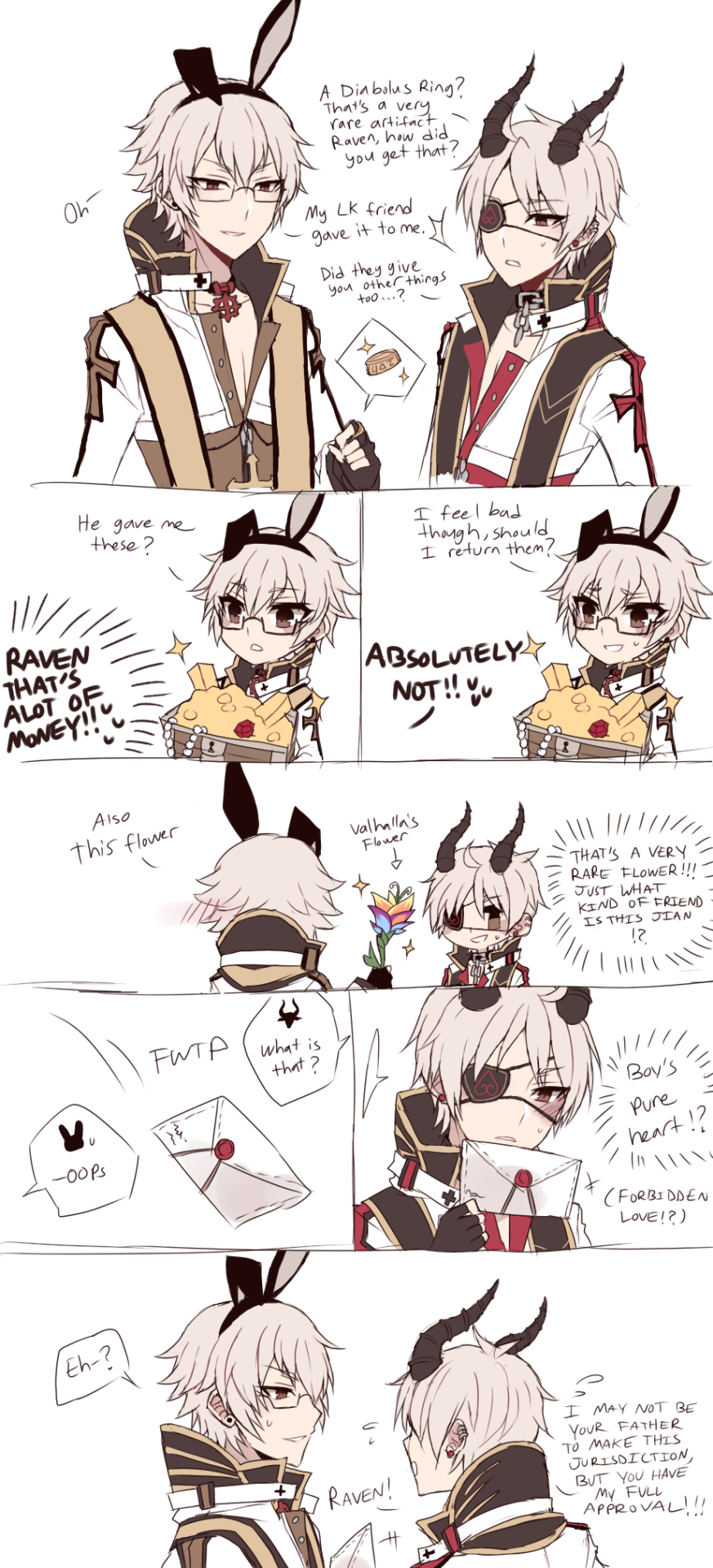 arch bishop (ragnarok online), ragnarok online, commentary, english commentary, highres, 2boys, animal ears, astrarunia, black-framed eyewear, black choker, black gloves, black horns, brown coat, choker, coat, cropped jacket, cross, cross choker, cross of prontera, earrings, english text, eyepatch, fake animal ears, fingerless gloves, flower, gem, glasses, gloves, gold, grey hair, heart, heart eyepatch, horns, jacket, jewelry, letter, long sleeves, looking at another, love letter, multiple boys, open mouth, rabbit ears, red coat, red gemstone, ring, short hair, simple background, smile, stud earrings, treasure, treasure chest, upper body, white background, white jacket