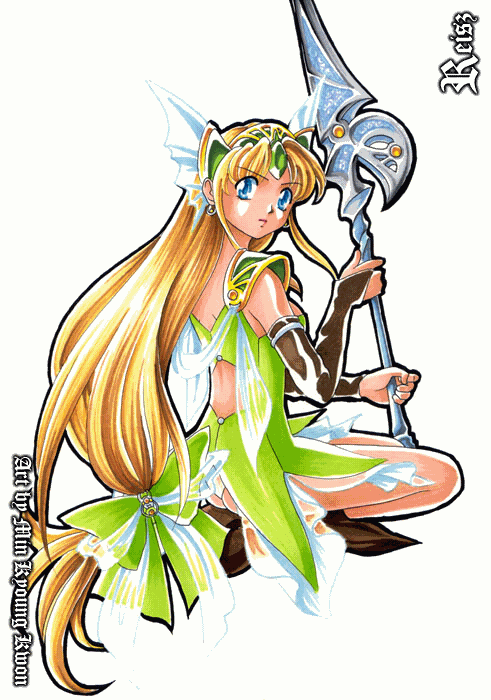 riesz, seiken densetsu, seiken densetsu 3, 1girl, blonde hair, character name, female focus, long hair, low-tied long hair, polearm, ribbon, solo, spear, weapon