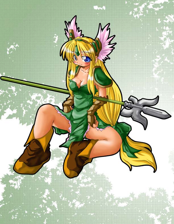 riesz, seiken densetsu, seiken densetsu 3, 1girl, blonde hair, boots, brown boots, chibi, female focus, holding behind back, holding weapon behind back, long hair, low-tied long hair, solo