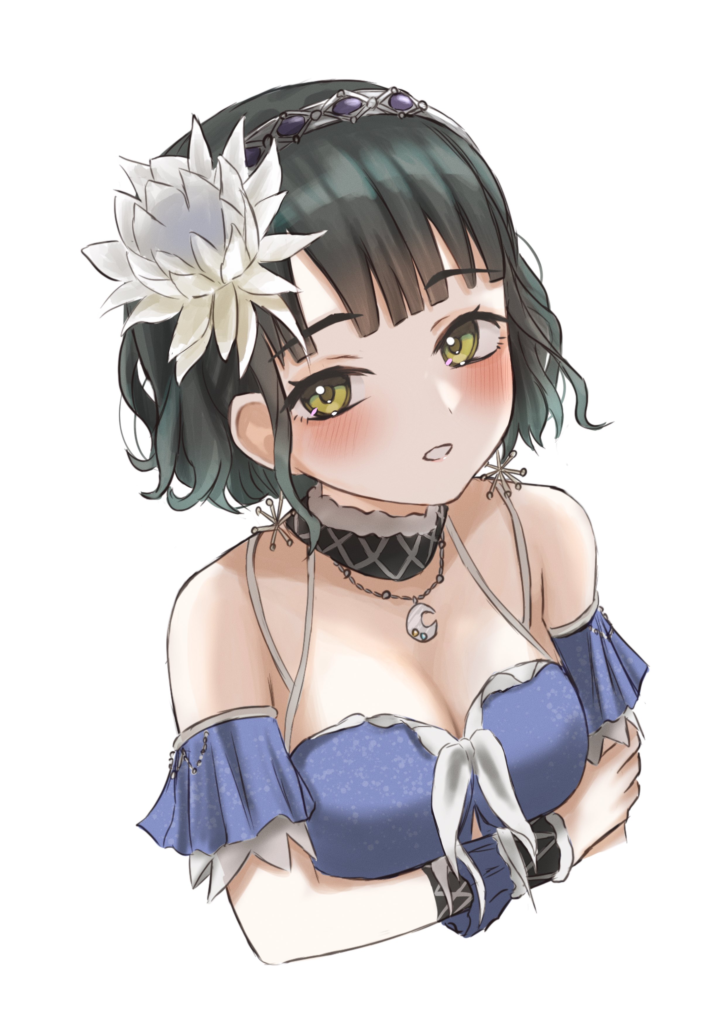 ponyou1030, momose ginko, link! like! love live!, love live!, absurdres, commentary, highres, 1girl, arm under breasts, atarayo hanabi, bare shoulders, bikini, black hair, blue bikini, blunt bangs, breasts, cleavage, cropped torso, detached sleeves, flower, frilled sleeves, frills, hair flower, hair ornament, hand on own arm, large breasts, looking at viewer, lotus, official alternate costume, short sleeves, simple background, solo, swimsuit, virtual youtuber, wavy hair, white background, white flower