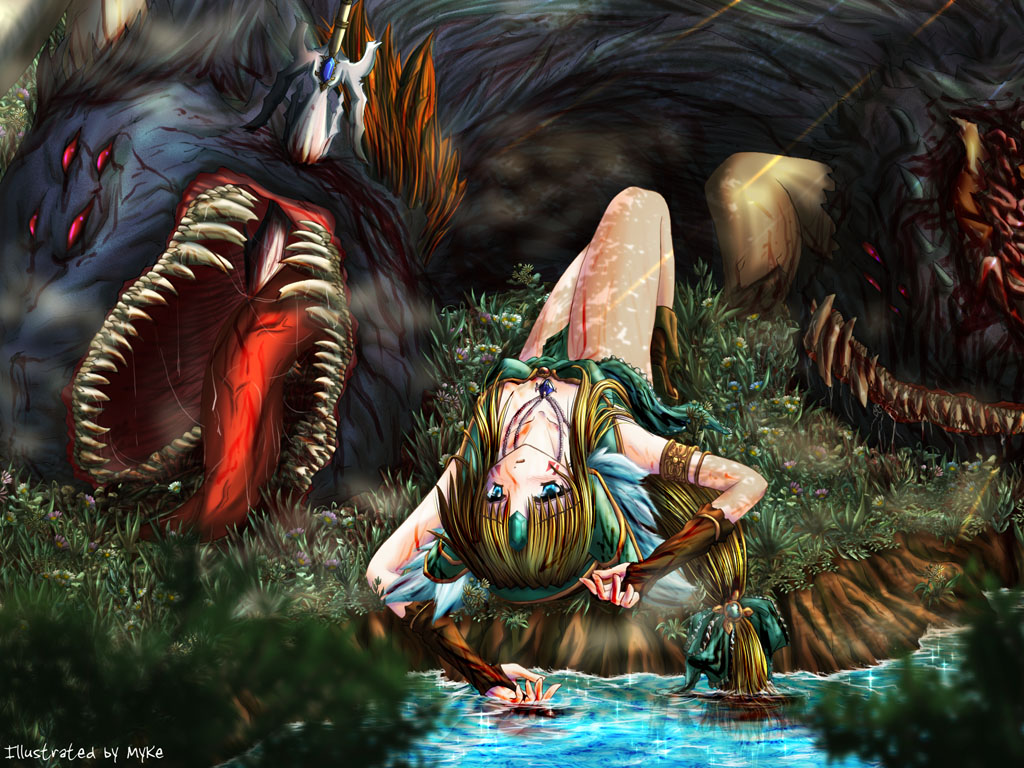 myke, freya (seiken densetsu), riesz, seiken densetsu, seiken densetsu 3, 1girl, artist name, bare legs, blonde hair, blood, blood on clothes, blood on face, bloody weapon, blue eyes, breasts, brown hair, cave, cleavage, corpse, downblouse, extra ears, female focus, grass, jewelry, long hair, looking at viewer, lying, monster, necklace, on back, parted lips, pendant, polearm, saliva, sharp teeth, short hair, solo, spear, sword, teeth, tongue, warrior, water, weapon