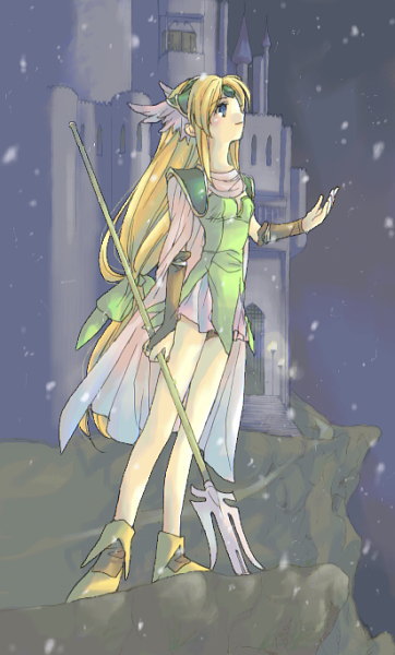 riesz, seiken densetsu, seiken densetsu 3, 1girl, blonde hair, blue eyes, boots, building, castle, dress, female focus, full body, green dress, long hair, low-tied long hair, polearm, smile, solo, standing, trident, weapon