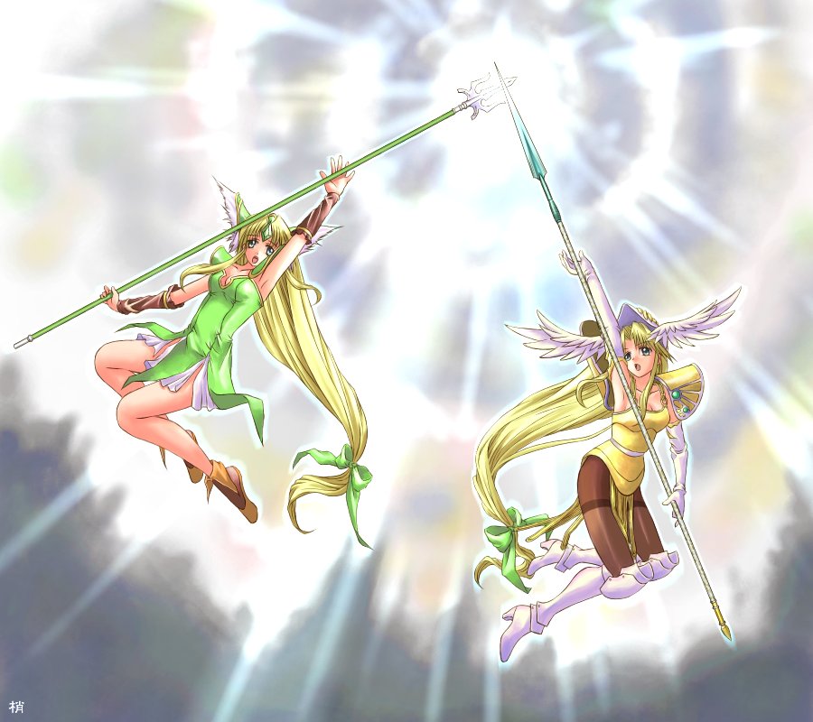 riesz, vanadis, vanadis (seiken densetsu 3), seiken densetsu, seiken densetsu 3, 2girls, armor, blonde hair, blue eyes, boots, dual persona, elbow gloves, gloves, hair ribbon, head wings, helmet, knee boots, long hair, low-tied long hair, multiple girls, pantyhose, ribbon, thighband pantyhose, very long hair, winged helmet, wings