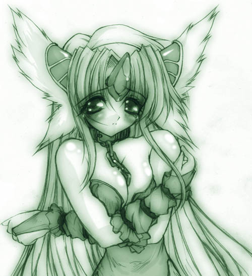 riesz, seiken densetsu, seiken densetsu 3, 1girl, animal ears, bridal gauntlets, chain, choker, collar, crossed arms, female focus, frown, gem, green theme, monochrome, simple background, solo, white background