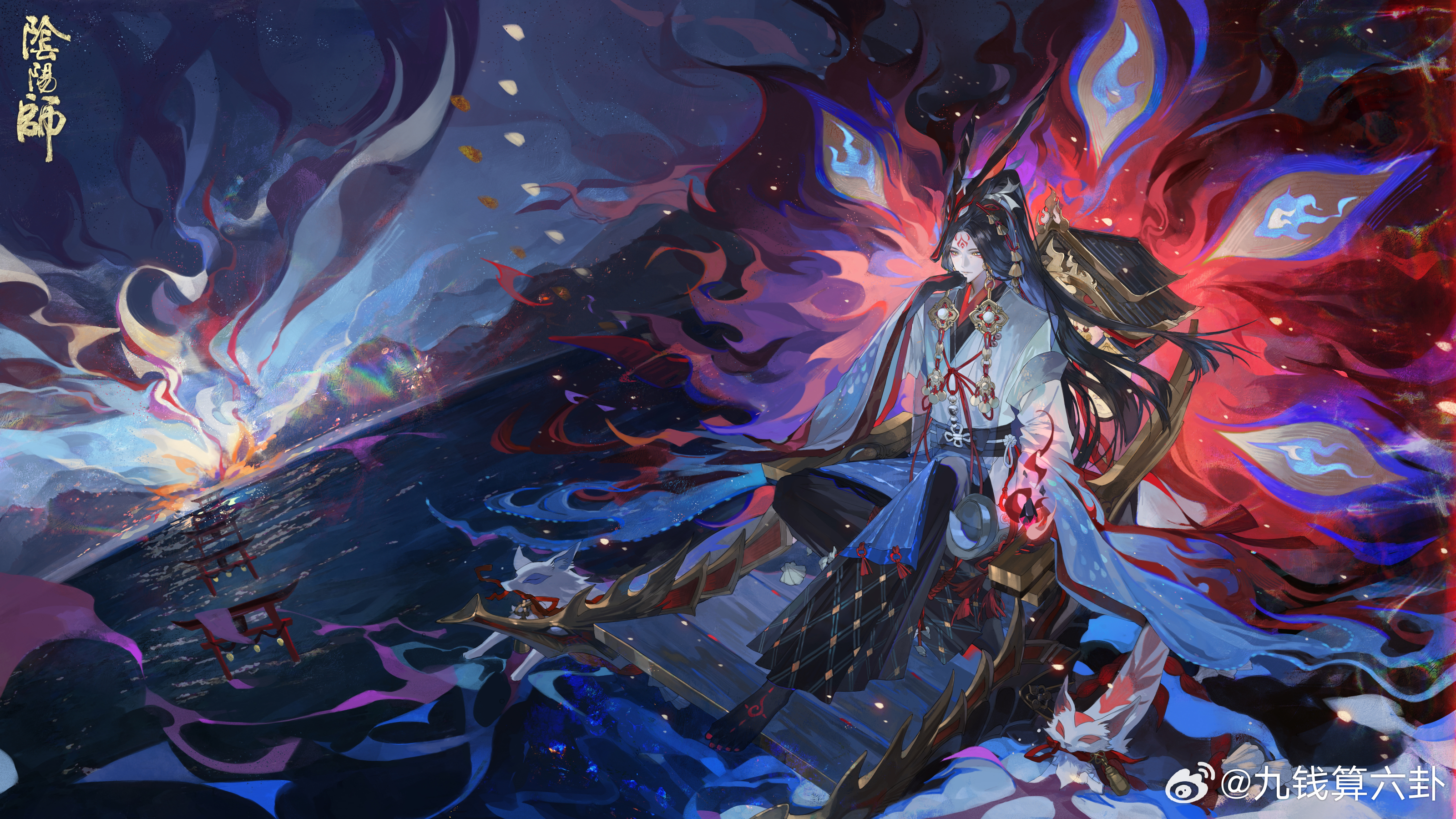 shachang, tamamo no mae (onmyoji), onmyoji, absurdres, highres, official art, 1boy, architecture, barefoot, black hair, black pants, black sash, black skin, blue sky, colored extremities, colored skin, copyright logo, copyright name, east asian architecture, energy, fire, flying, fox, fox mask, full body, furisode, glowing, hand on own chin, high ponytail, jacket, japanese clothes, kimono, large earrings, layered clothes, long hair, long sleeves, magic, male focus, mask, mask on head, midair, mountainous horizon, nail polish, ocean, pants, pleated pants, ponytail, red nails, sash, sky, sleigh, solo, tassel, toenail polish, toenails, torii, very long hair, watermark, weibo username, weibo watermark, white jacket, wide shot, wide sleeves, yellow eyes