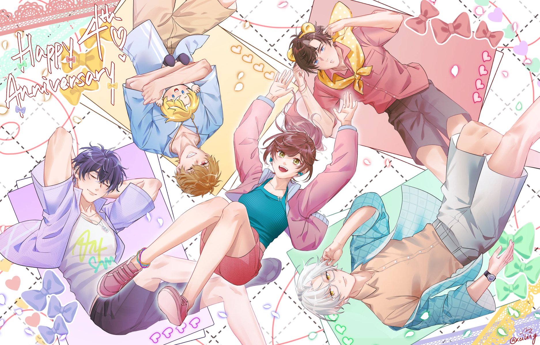 xeiling, artem wing (tears of themis), davis (tears of themis), luke pearce (tears of themis), marius von hagen (tears of themis), rosa (tears of themis), vyn richter (tears of themis), tears of themis, commentary, english commentary, highres, 1girl, 4boys, anniversary, arms behind head, arms up, black shorts, blue camisole, blue eyes, blue jacket, blue shirt, brown eyes, brown hair, brown shirt, brown shorts, camisole, collared shirt, dress shirt, grey hair, grey shorts, jacket, jacket around neck, multiple boys, open clothes, open jacket, pink jacket, pink shirt, pink shoes, pink shorts, purple hair, purple jacket, shirt, shoes, shorts, white shirt, yellow eyes