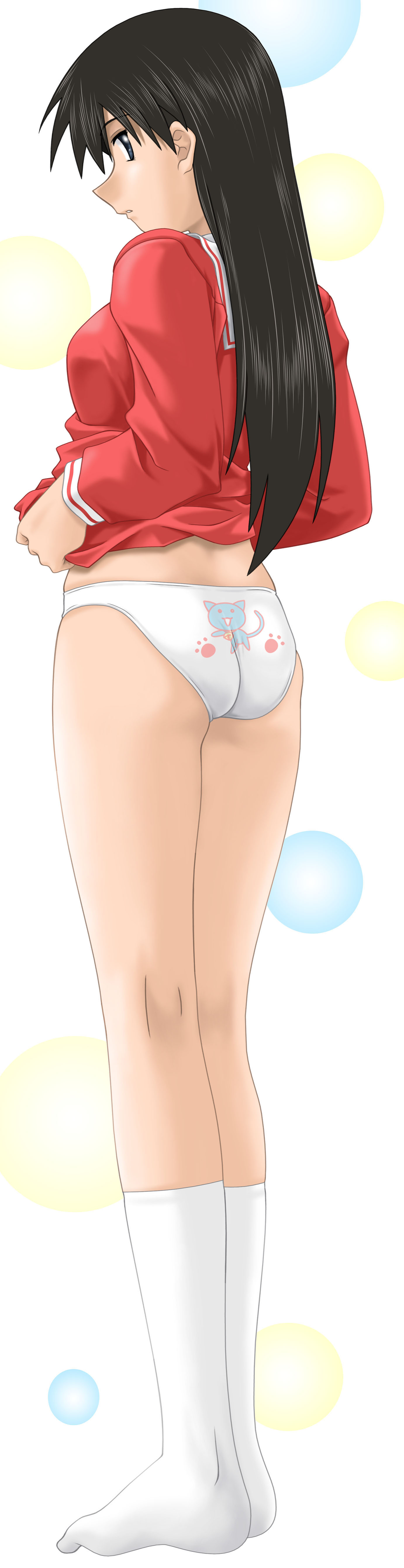 umekichi, sakaki (azumanga daioh), azumanga daiou, absurdres, highres, long image, tall image, 1girl, animal print, ass, back, black hair, blue eyes, bottomless, cat, cat panties, cat print, cat print panties, clothes lift, dressing, feet, female focus, full body, kneepits, legs, long hair, looking back, no pants, panties, paw panties, paw print, print panties, profile, school uniform, serafuku, shirt lift, socks, solo, standing, thighs, underwear, white background, white panties