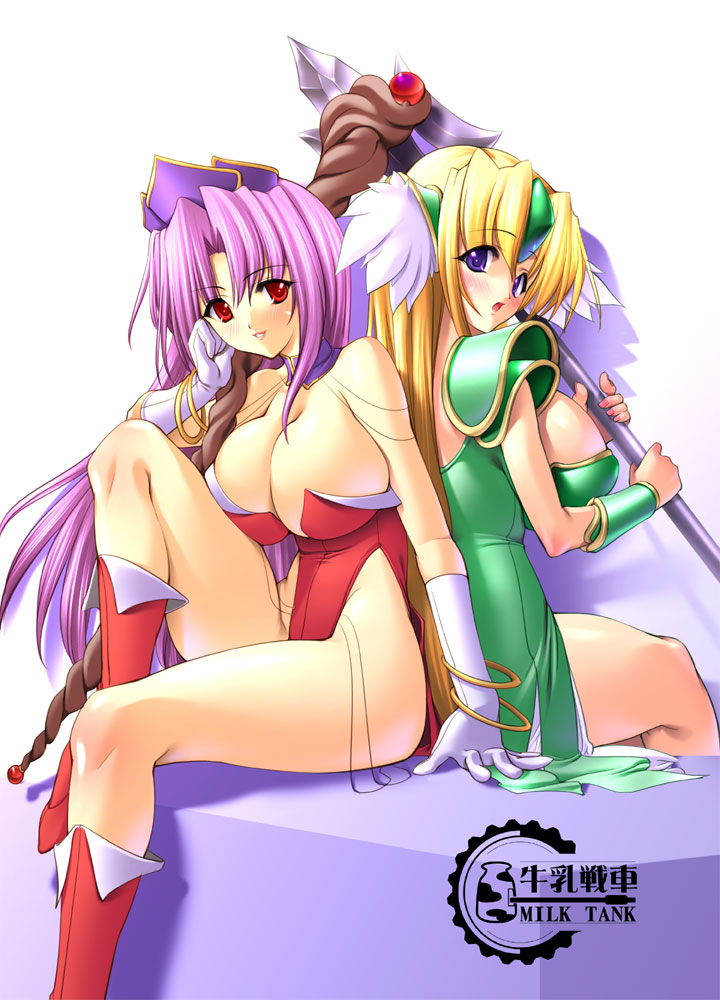 gunner-l, angela (seiken densetsu 3), riesz, seiken densetsu, seiken densetsu 3, 2girls, armor, blonde hair, boots, breasts, cleavage, gloves, huge breasts, knee boots, large breasts, legs, leotard, long hair, multiple girls, polearm, purple eyes, purple hair, red eyes, red leotard, spear, thighs, weapon, white gloves