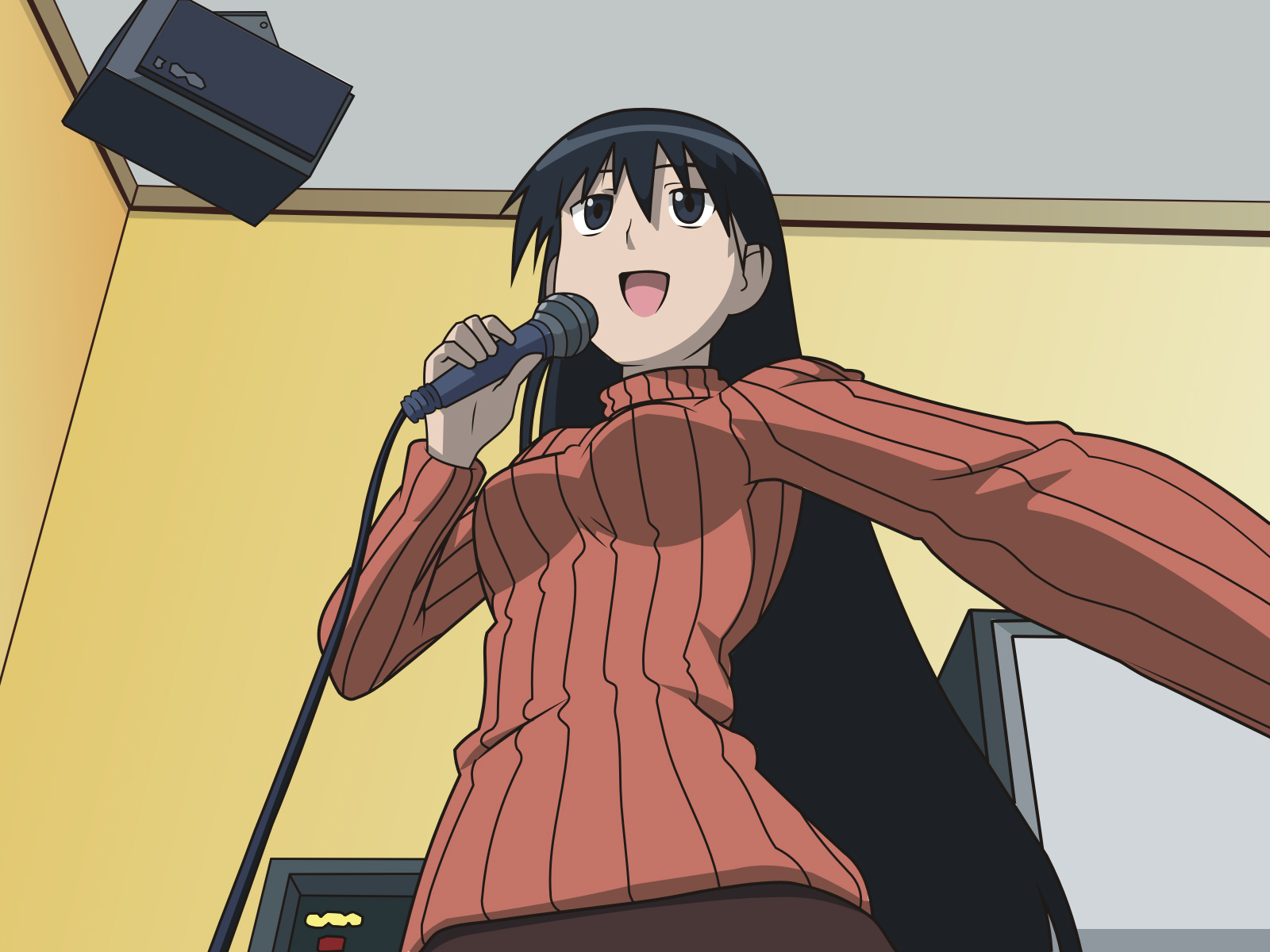 sakaki (azumanga daioh), azumanga daiou, anime screenshot, derivative work, highres, vector trace, black eyes, black hair, karaoke, microphone, music, singing, solo