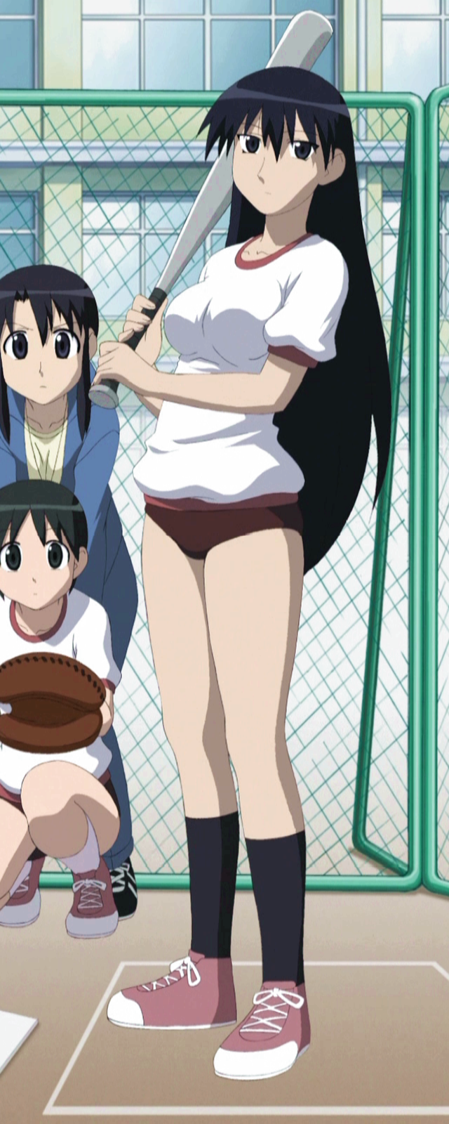 chihiro (azumanga daioh), kurosawa minamo, sakaki (azumanga daioh), azumanga daiou, anime screenshot, highres, stitched, third-party edit, 3girls, baseball, baseball bat, baseball glove, black hair, black socks, buruma, gym uniform, long hair, multiple girls, socks, very long hair