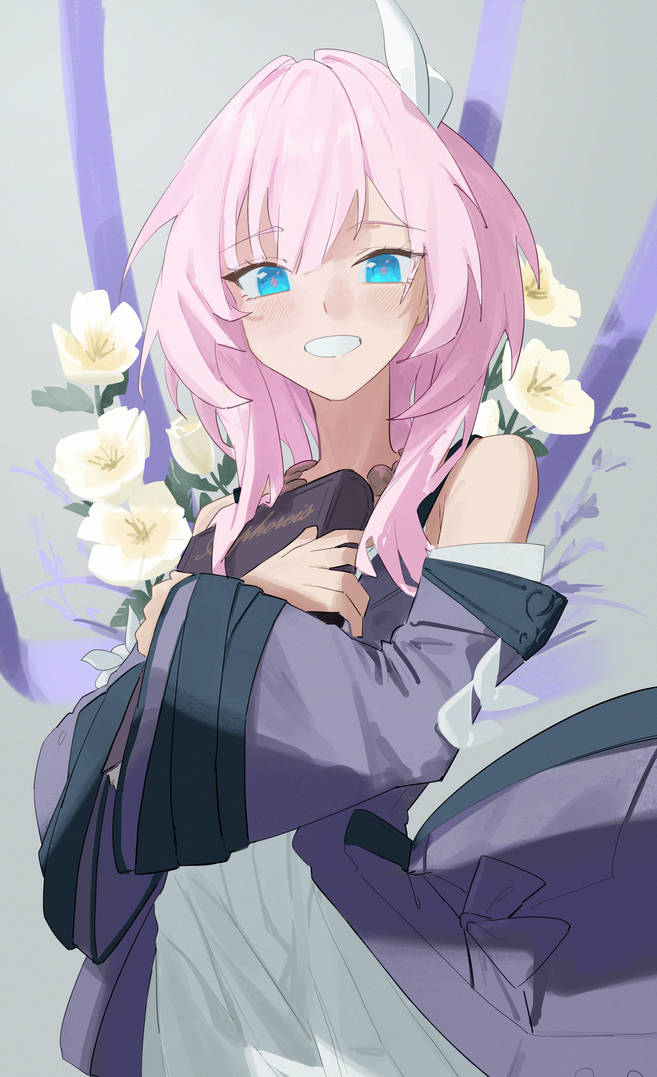 lupinu5, cyrene (honkai: star rail), honkai: star rail, honkai (series), absurdres, commentary request, highres, 1girl, bare shoulders, blue eyes, book, coat, dress, flower, hair ornament, holding, holding book, jewelry, looking at viewer, medium hair, necklace, pink hair, purple coat, smile, solo, white dress