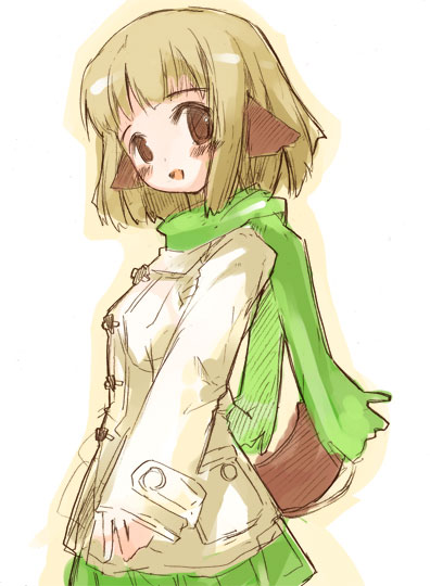momiji mao, 1girl, animal ears, blonde hair, brown eyes, dog ears, female focus, green scarf, scarf, short hair, solo, tail