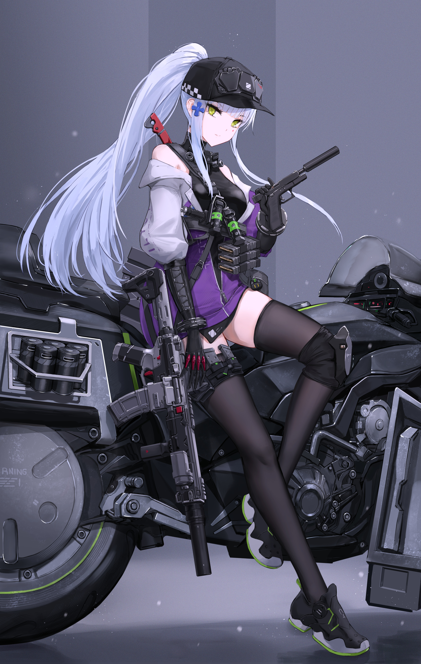 yuzuriha (atelier liang), hk416 (girls' frontline), klukai (girls' frontline 2), girls' frontline, girls' frontline 2: exilium, commentary request, highres, 1girl, assault rifle, bare shoulders, baseball cap, black hat, black shoes, black thighhighs, blue hair, breasts, closed mouth, cross hair ornament, flashbang, full body, glock, green eyes, grey background, gun, h&k hk416, hair ornament, handgun, hat, holding, holding gun, holding weapon, holster, jacket, knee pads, long hair, long sidelocks, looking at viewer, magazine (weapon), motor vehicle, motorcycle, multicolored jacket, partially unzipped, ponytail, purple jacket, rifle, shoes, sidelocks, single knee pad, solo, suppressor, teardrop facial mark, thigh holster, thighhighs, two-tone jacket, weapon, white jacket
