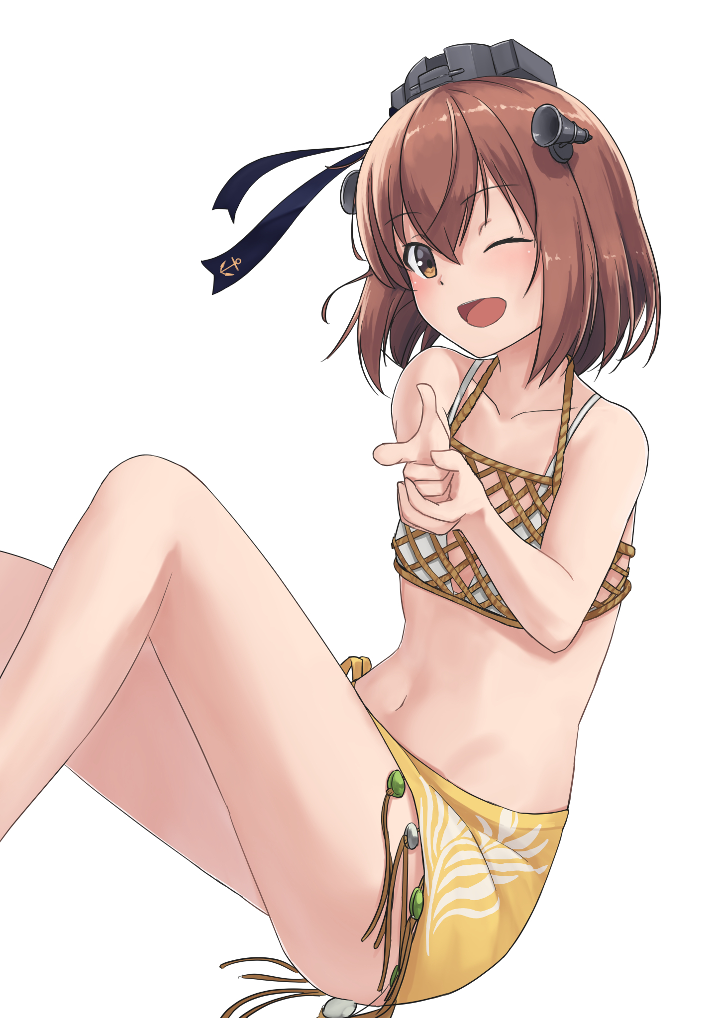 yuki 4040, minneapolis (kancolle), yukikaze (kancolle), kantai collection, highres, 1girl, bikini, brown hair, cosplay, finger gun, fishnets, looking at viewer, minneapolis (kancolle) (cosplay), minneapolis (swimsuit) (kancolle), navel, one eye closed, open mouth, sarong, solo, stomach, swimsuit, white bikini