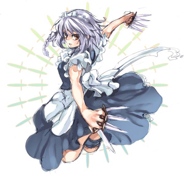 tenkuu sphere, izayoi sakuya, touhou, silver hair, 1girl, between fingers, braid, female focus, holding, knife, looking back, maid, maid headdress, purple eyes, solo, white background