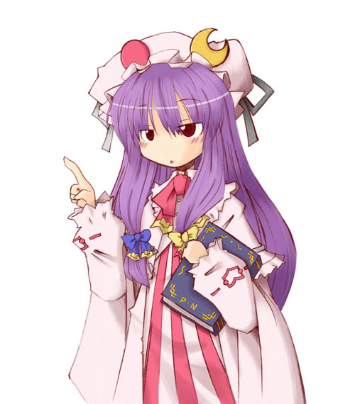 mogito, patchouli knowledge, touhou, 1girl, book, crescent, crescent moon, dress, female focus, hair ribbon, hat, mob cap, moon, pink hat, pointing, purple hair, ribbon, simple background, solo, striped clothes, striped dress, vertical stripes