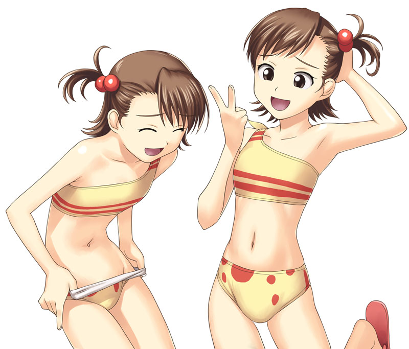 tanaka shoutarou, futami ami, futami mami, idolmaster, idolmaster (classic), idolmaster 1, 00s, 2girls, ^ ^, bikini, bikini pull, brown eyes, brown hair, closed eyes, clothes pull, flat chest, flip-flops, flipped hair, hair bobbles, hair ornament, loli, multiple girls, navel, pulling own clothes, sandals, siblings, side ponytail, single strap, sisters, standing, swimsuit, twins, v