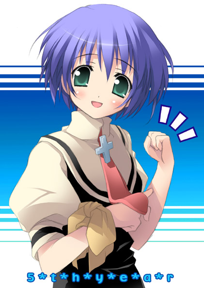 kantoku, kirishima kano, air (visual novel), 00s, 1girl, :d, ^^^, aqua eyes, blue hair, blush, bow, clenched hand, cross, dress, female focus, flat chest, gradient background, green eyes, hair between eyes, head tilt, looking at viewer, looking back, necktie, open mouth, pointing, profile, purple hair, raised fist, sailor dress, school uniform, serafuku, short hair, smile, solo, striped background, turtleneck, upper body
