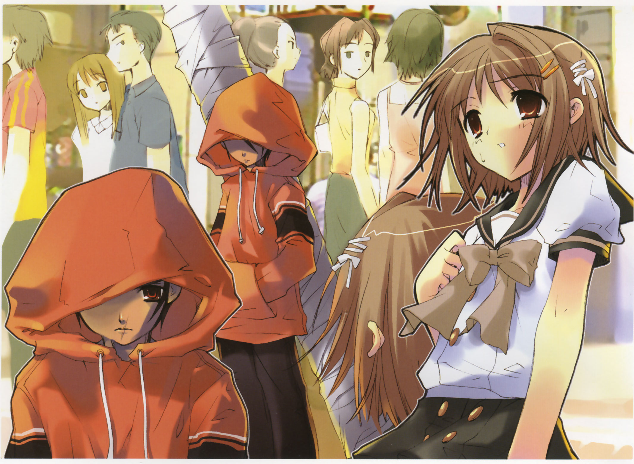 ito noizi, khamsin nbh'w, yoshida kazumi, shakugan no shana, highres, 00s, 3boys, 4girls, bow, brown eyes, brown hair, hair ornament, hairclip, hands in pocket, hood, hoodie, multiple boys, multiple girls, red eyes, school uniform, short hair