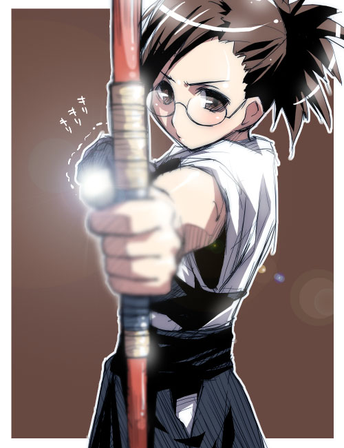 1girl, aiming, aiming at viewer, archery, border, bow (weapon), clothing cutout, female focus, glasses, hakama, hakama skirt, hip vent, japanese clothes, kyuudou, lens flare, skirt, solo, weapon