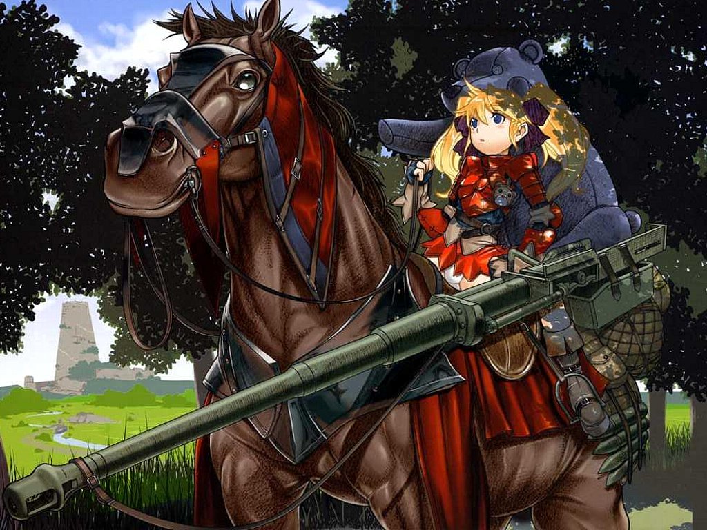 jpeg artifacts, 1girl, anti-materiel rifle, blonde hair, blue eyes, female focus, gun, horse, horseback riding, panties, pantyshot, reins, riding, rifle, sniper rifle, solo, stuffed animal, stuffed toy, teddy bear, twintails, underwear, weapon, white panties