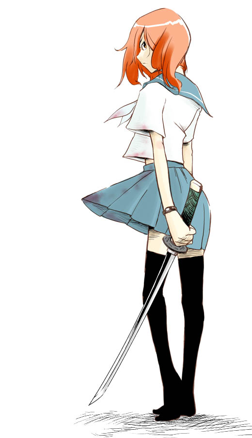 1girl, black thighhighs, blouse, female focus, frown, full body, holding, holding sword, holding weapon, miniskirt, neckerchief, pleated skirt, school uniform, serafuku, shirt, simple background, skirt, solo, standing, sword, thighhighs, weapon, white background, white neckerchief, white shirt