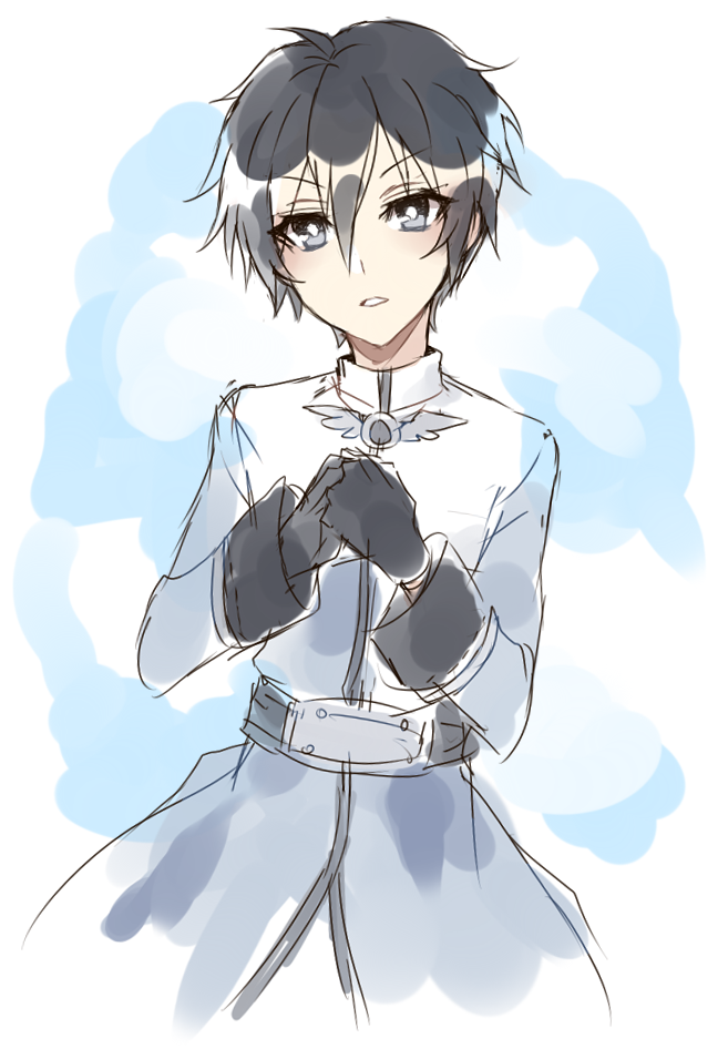 acolyte (ragnarok online), ragnarok online, 1boy, astrarunia, black eyes, black gloves, black hair, blue coat, coat, cowboy shot, gloves, hair between eyes, long bangs, looking at viewer, male focus, short hair, solo, white background