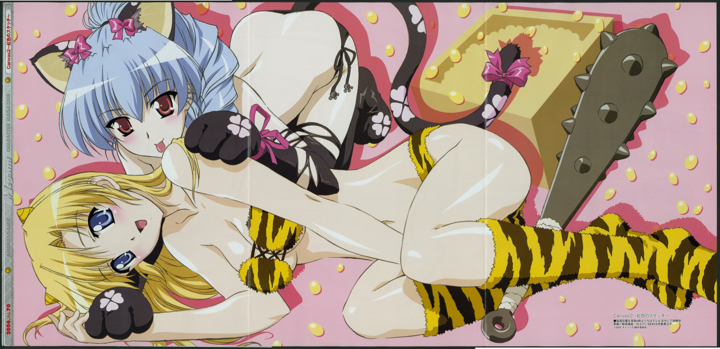 nitta yasunari, fujinami tomoko, housen elis, tomoko, canvas (cocktail soft), canvas 2, striped legwear, highres, 00s, 2girls, :p, animal ears, animal hands, animal print, back, bandeau, bikini, black socks, blonde hair, blue eyes, blue hair, braid, breasts, butt crack, cat ears, cat tail, cleavage, club, club (weapon), hair ribbon, horns, kanabou, kneehighs, lowleg, lowleg bikini, lying, medium breasts, multiple girls, navel, panties, ponytail, red eyes, ribbon, side-tie bikini bottom, side-tie panties, single braid, socks, strapless, swimsuit, tail, thighhighs, tiger print, tongue, tongue out, torn clothes, tube top, underwear, weapon