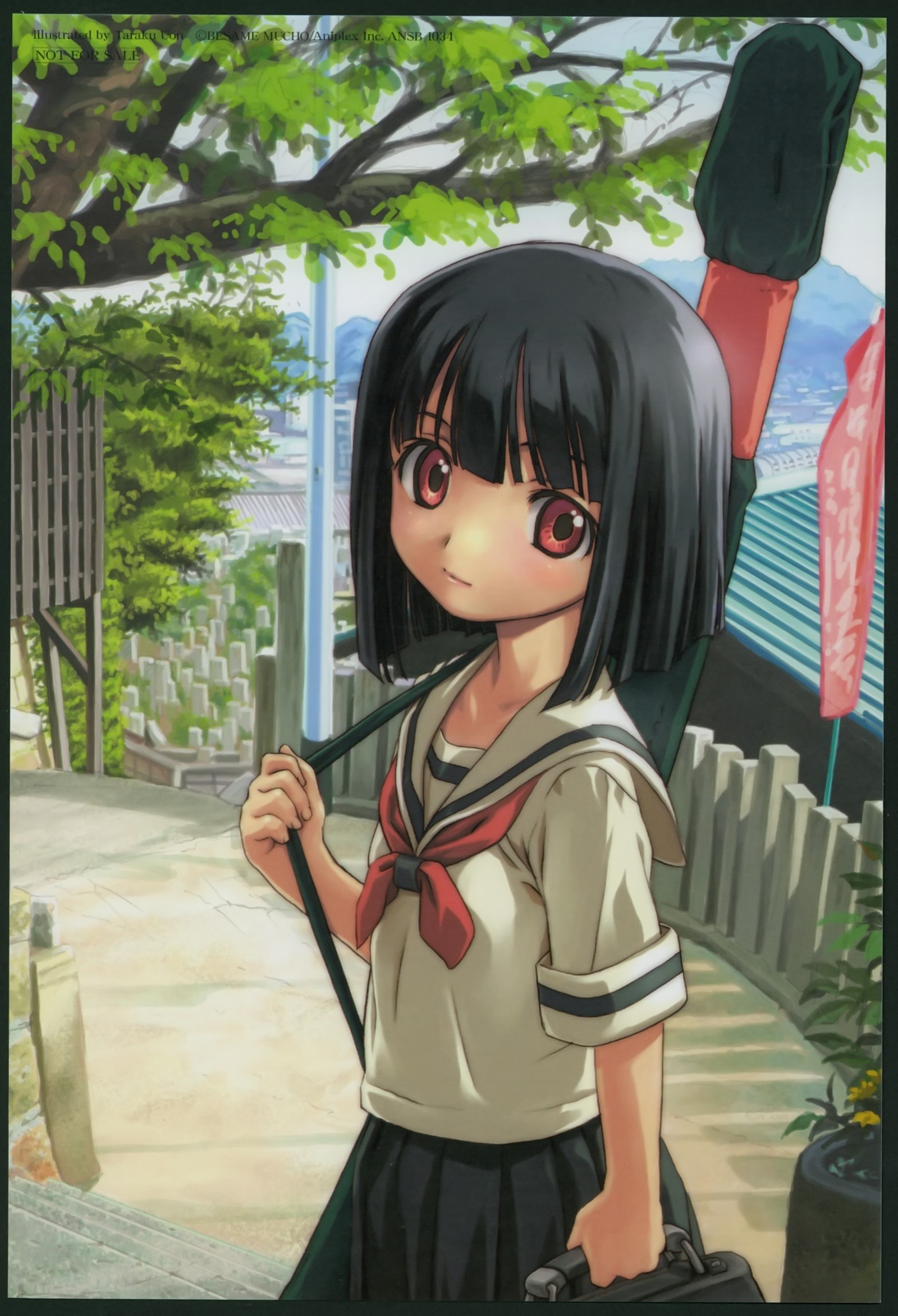 uon taraku, saegusa miko, kamichu!, highres, 00s, 1girl, bob cut, closed mouth, female focus, in-universe location, pleated skirt, school uniform, serafuku, skirt, solo