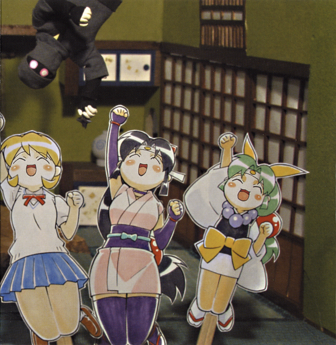 ishikawa hideki, miyabi, sasuke, shinobu (ninin ga shinobuden), shiranui kaede, ninin ga shinobuden, highres, papercraft (medium), photo (medium), scan, scan artifacts, unconventional media, 00s, 3girls, ^ ^, blonde hair, blunt bangs, choker, closed eyes, fingerless gloves, fishnets, gloves, headband, japanese clothes, jumping, kimono, long hair, low-tied long hair, multiple girls, ninja, obi, paper child, pleated skirt, purple thighhighs, sash, school uniform, serafuku, short kimono, siblings, sisters, skirt, thighhighs