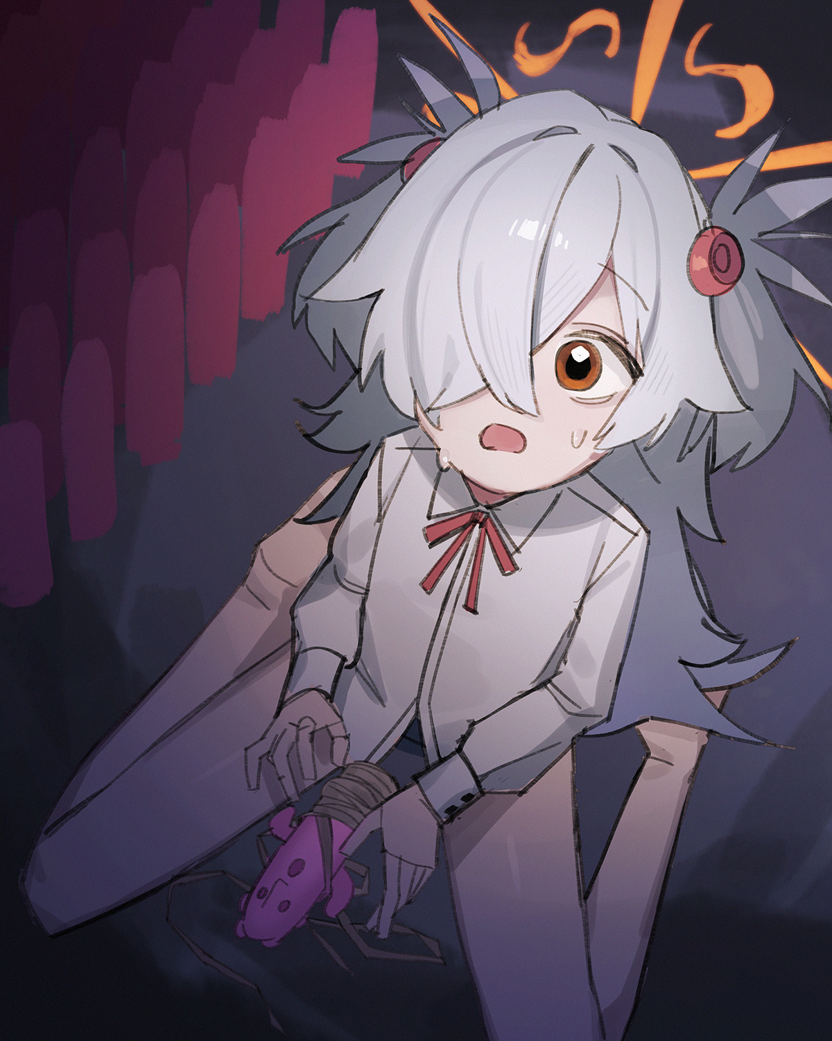 holypotato0, kanoe (blue archive), blue archive, highres, 1girl, from above, grey hair, hair over one eye, halo, haniwa (statue), long hair, long sleeves, looking up, neck ribbon, open mouth, orange eyes, orange halo, ribbon, shirt, sitting, solo, wariza, white shirt
