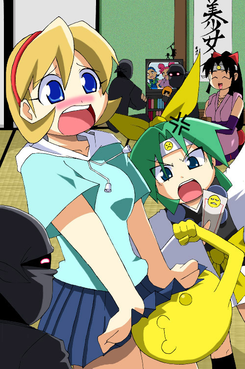 miyabi, onsokumaru, sasuke, shinobu (ninin ga shinobuden), shiranui kaede, ninin ga shinobuden, 00s, 3girls, blonde hair, blunt bangs, blush, choker, clothes lift, fingerless gloves, fishnets, gloves, green hair, hairband, headband, japanese clothes, kimono, multiple girls, o3o, obi, purple thighhighs, sash, short kimono, skirt, skirt lift, smiley face, thighhighs