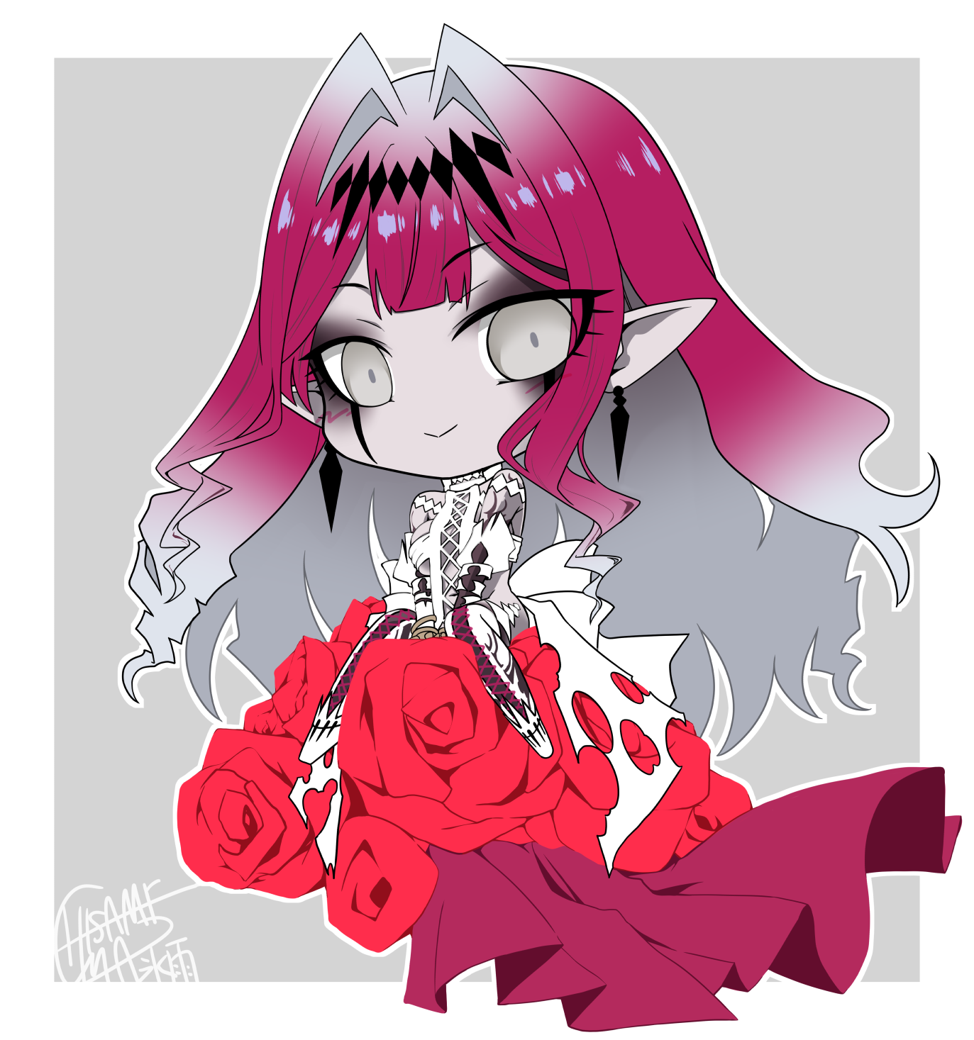 hisame genta, baobhan sith (fate), baobhan sith (third ascension) (fate), fate/grand order, fate (series), highres, 1girl, boots, breasts, chibi, cross-laced clothes, cross-laced dress, detached sleeves, dress, earrings, facial mark, grey eyes, jewelry, pink hair, pointy ears, sitting, smile, solo, thigh boots, white dress