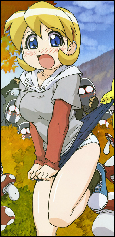 ishikawa hideki, onsokumaru, shiranui kaede, ninin ga shinobuden, 00s, 1girl, blonde hair, clothes lift, miniskirt, mushroom, ninja, skirt, skirt lift, solo focus