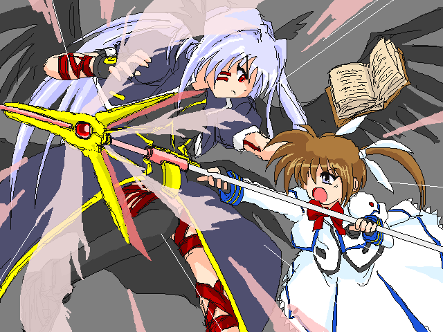 raising heart, reinforce, takamachi nanoha, lyrical nanoha, mahou shoujo lyrical nanoha, mahou shoujo lyrical nanoha a's, 00s, 2girls, arm belt, battle, belt, energy wings, facial mark, fingerless gloves, gloves, jacket, leg belt, magazine (weapon), magical girl, multiple girls, multiple wings, open clothes, open jacket, too many, too many belts, twintails, waist cape, white devil, wings