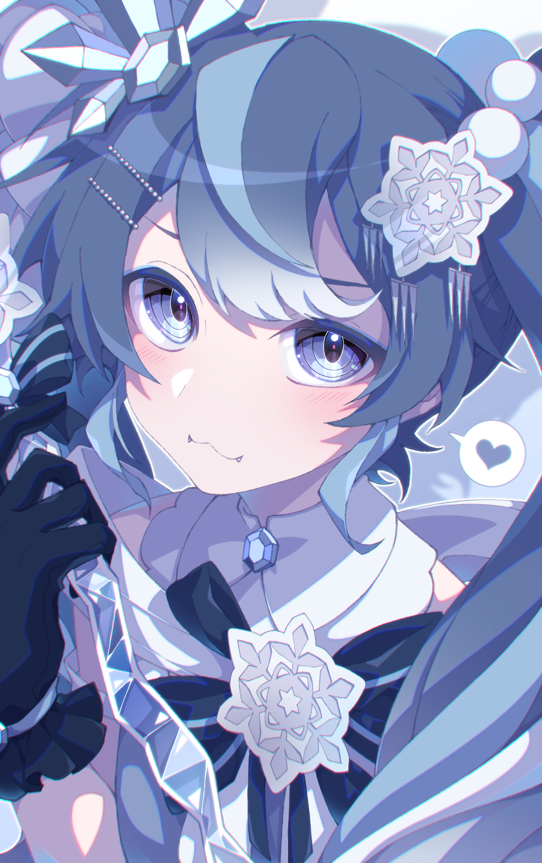 aosaki yato, hatsune miku, yuki miku, yuki miku (2025), vocaloid, highres, 1girl, :3, blue bow, blue bowtie, blue eyes, blue hair, bow, bowtie, closed mouth, collar, crystal hair ornament, hair ornament, holding, holding wand, jewelry, long hair, looking at viewer, official alternate costume, official alternate hairstyle, smile, snowflake hair ornament, snowflake ornament, solo, twintails, very long hair, wand